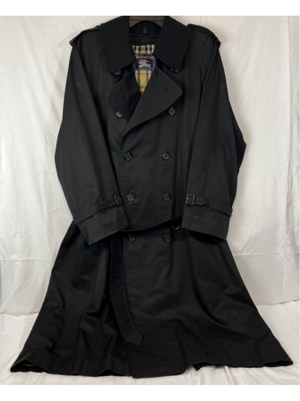 Vintage Burberrys Men’s Black Trench Coat Belted Double Breasted Lined 40 Reg